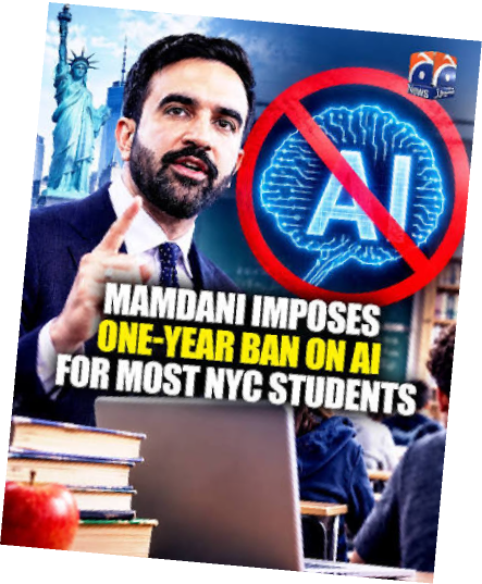 Hír-grafika: „Mamdani imposes one-year ban on AI for most NYC students”, Zohran Mamdani portréja és egy áthúzott AI-ikon.
